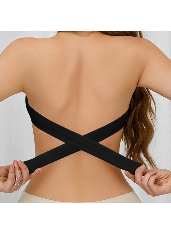 Zeemey Black Wireless Bandeau Bralette with Side Closure, Sexy Strapless Nylon Knit Fabric - Removable Padding, Cross Strap Detail, Solid Color Stretch - Image 2